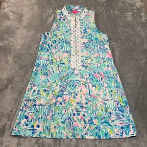 Lilly Pulitzer Dress Size 8 Sleeveless Palm Tree White Crochet Trim Gold Zipper